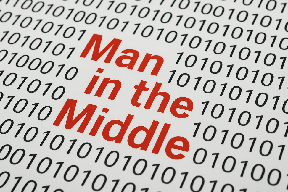 As the man in the middle, monitor, intercept, read and modify the communication The term Man in the Middle is written in red letters in the middle of zeros and ones, illustrating how the middleman reads the communication.