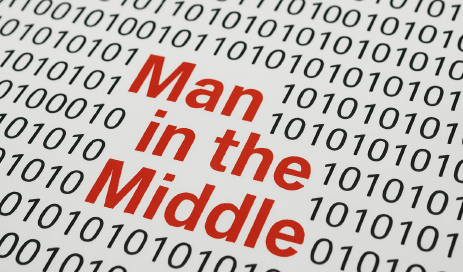The term Man in the Middle is written in red letters in the middle of zeros and ones, illustrating how the middleman reads the communication.