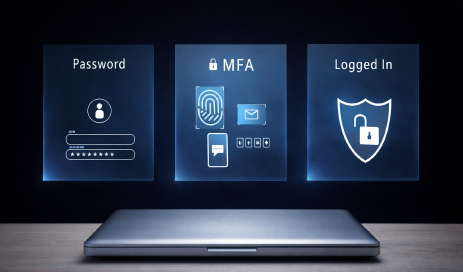 Bietet Multi-Faktor-Authentifizierung allein ausreichend Schutz? Über einem zugeklappten Laptop beschreiben drei Fenster den Login-Prozess bestehend aus Benutzername und Password, MFA und dem anschließenden Login.