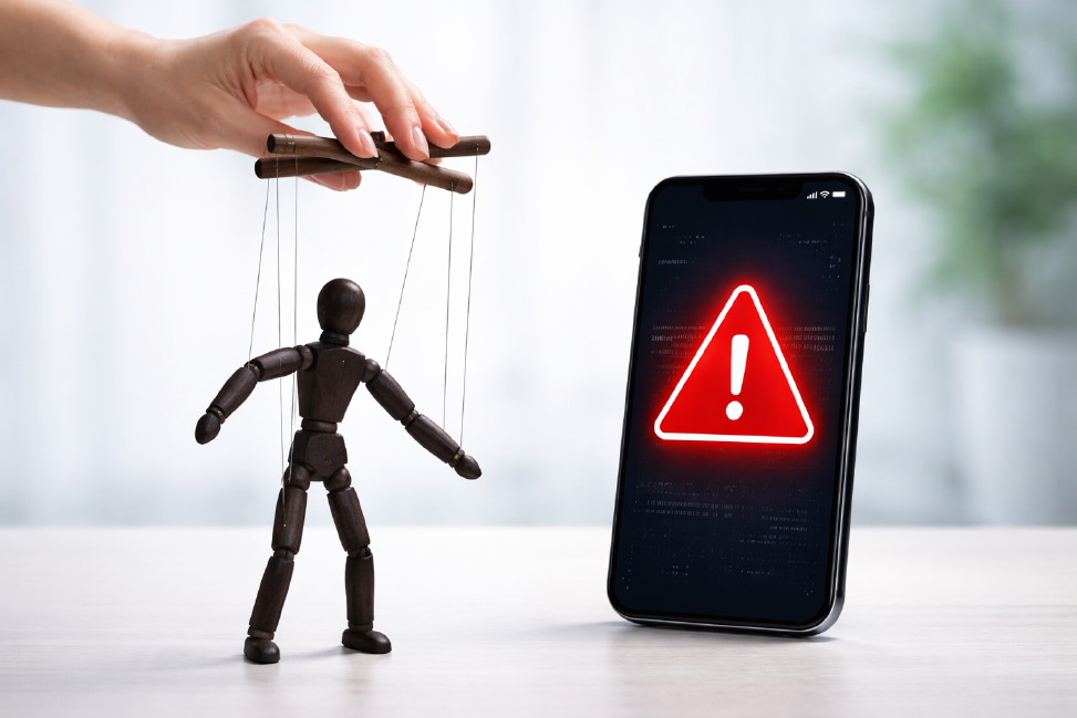 A marionette made of dark wood, representing social engineering and moved by a hand, next to a smartphone with a warning message on the display, symbolizing an attack on a two-factor authentication system.