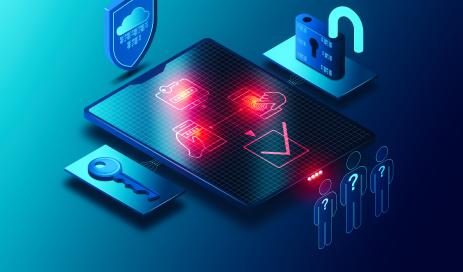 Custom Enterprise Login at Engity User is clicking on a tablet (biometric login) and gets additional security by a multi-factor authentication concept symbolized by a 3d illustration consisting of key, lock and shield next to the tablet.