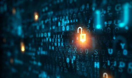 Data Security at Engity Privacy safety concept visualized by a virtual screen with many lines of letters and numbers on it and a lightened golden and open lock.