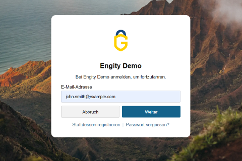 Demo-Anmeldebildschirm bei Engity Screenshot des Anmeldebildschirms der Engity-Demo.