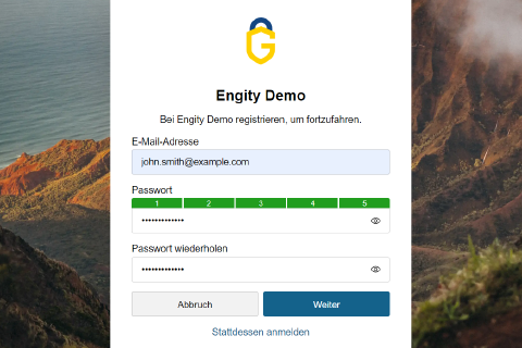 Demo-Anmeldung mit Registrierung bei Engity Screenshot des Anmeldebildschirms der Engity-Demo.