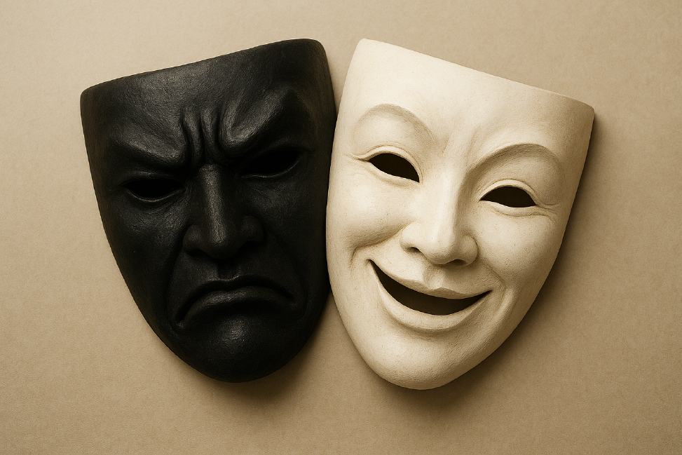 Eine schwarze Theatermaske, die das Böse repräsentiert, liegt neben einer weißen Theatermaske, die für das Gute steht.