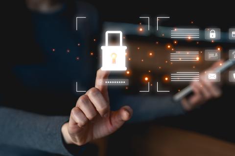 A digital lock secured with a password and next to it are other symbols such as e-mail and ID card.