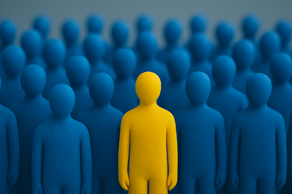 Eine gelbe Person inmitten vieler anderer gleichfarbiger blauer Personen zeigt die Besonderheit und Alleinstellungsmerkmale von Engity.