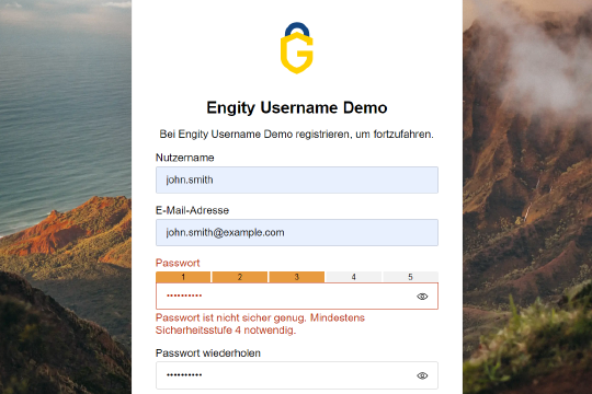 Engity's Easy Ensure Strong Password bei der Anmeldung Der Registrierungsprozess beim IdP von Engity weist den Benutzer darauf hin, dass sein Passwort zu schwach und mit einer Passwortstärke von 3 von 5 nicht sicher genug ist und fordert ihn auf, ein anderes Passwort mit einer höheren Stärke zu wählen.