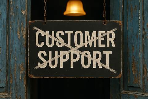 Between two open wooden doors hangs a sign with the words “Customer Support” crossed out, clearly indicating the lack of support for using Keycloak.