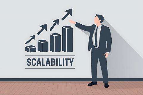A businessman explains the word scalability written on a wall alongside a growth chart.
