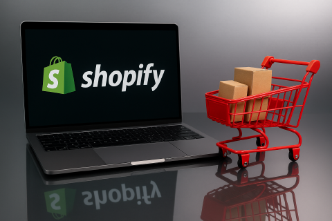 Ein kleiner roter Einkaufswagen mit Paketen steht neben einem Laptop mit einem Shopify-Logo.