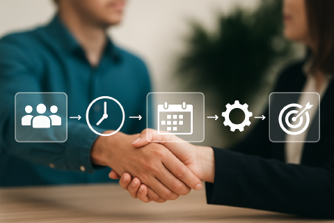 In the foreground, symbols can be seen that show a possible way to implement an IdP solution, and in the background, two business partners are shaking hands.