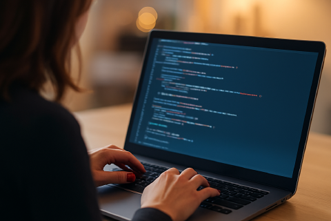 Eine Frau arbeitet an einem Laptop und schreibt einen Programmcode.