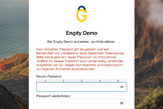 Erkennung eines geleakten Passworts während des normalen Anmeldevorgangs bei Engity Anmeldebildschirm aus der Engity-Demo, der den Benutzer darauf hinweist, dass sein Passwort gehackt wurde und ausgetauscht werden sollte.