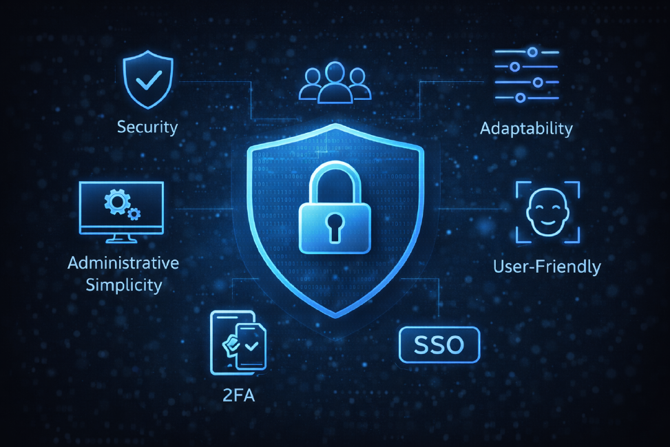 Vor einem dunklen Hintergrund zeigen Symbole wie Security, 2FA oder Adaptability was ein modernes Zugangssystem ausmacht.