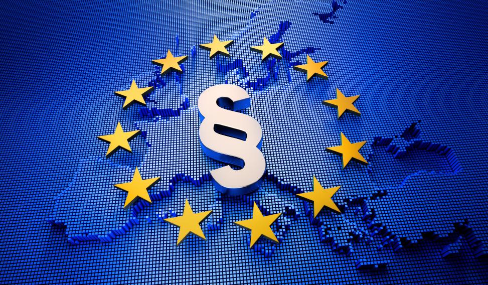 EU Data Protection Update Q3-2022 European map colored in blue with the 12 yellow European stars on top with a centered paragraph symbol standing for a European Data Protection