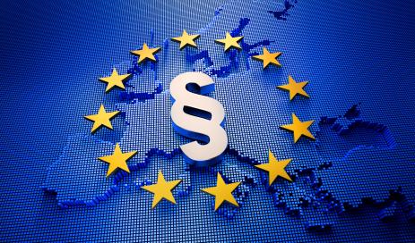 EU Data Protection Update Q3-2022 European map colored in blue with the 12 yellow European stars on top with a centered paragraph symbol standing for a European Data Protection