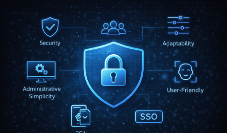 Against a dark background, symbols such as Security, 2FA or Adaptability show what a modern access system is all about.