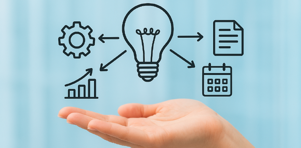 Fördermittel sichern mit Engity Über einer Handfläche schwebt eine gezeichnete Glühlampe und von dieser Glühlampe zeigen vier Pfeile auf vier Symbole, wie ein Zahnrad, ein Diagramm, ein Blatt Papier und ein Kalender.
