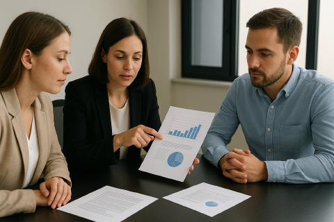Three people, two women and one man, are sitting at a table looking at documents.