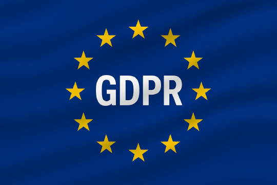 A waving EU flag with 12 golden stars and the letters GDPR in the center, which stands for the General Data Protection Regulation.