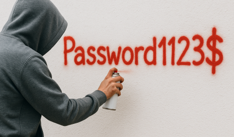 As with password spraying, a hacker sprays a weak password such as Password1123$ on a wall.