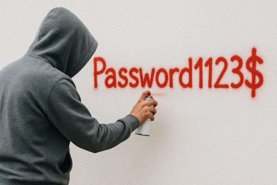 Hack user accounts with just a few weak passwords As with password spraying, a hacker sprays a weak password such as Password1123$ on a wall.