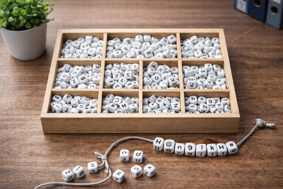 Inside a wooden box are beads, each bearing a different letter, number, and special character; in front of it is a string on which some beads have already been strung to form a password.