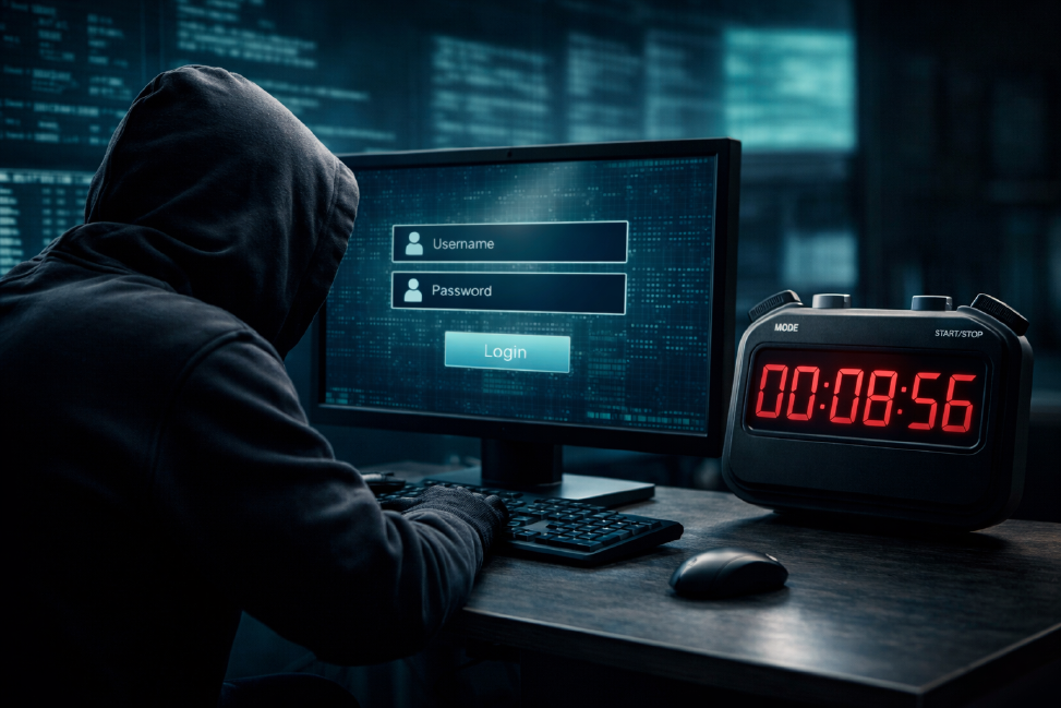 A hacker sits in front of a screen trying to gain access to a user account; a digital stopwatch is running next to him.