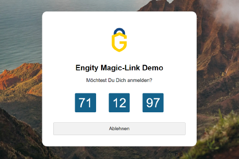 Magic Link Challenge oder Pin für eine sichere Anmeldung Screenshot einer Magic Link Challenge-Registerkarte während der Anmeldung