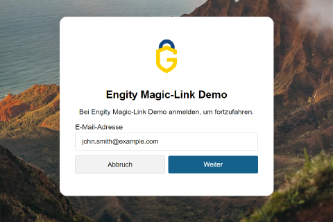 Magic Link Demo | Anmeldung und Registrierung bei Engity Screenshot des passwortlosen Magic Link-Demo-Anmeldebildschirms von Engity