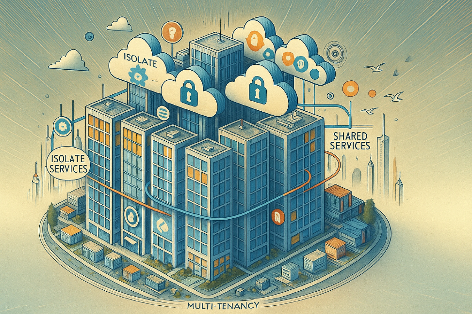 Several large individually customized skyscrapers with above flying Internet clouds stand for the multi-tenants concept in the IT world.