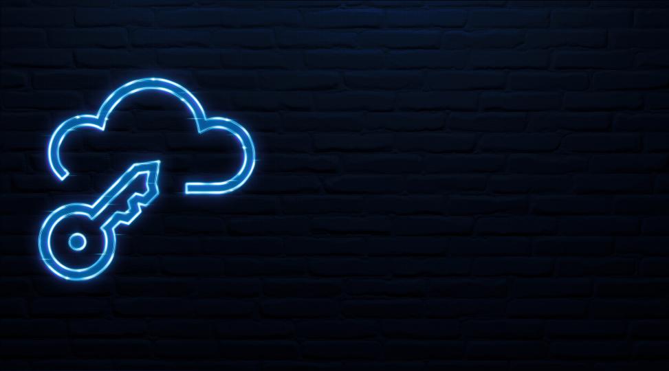 Nahtlose Authentifizierung mit dem richtigen OpenID Connect-Anbieter Ein Schlüssel steckt symbolisch in einer Datenwolke vor einer dunkelblauen Wand und beide Symbole sehen aus wie LED-Neonzeichen.