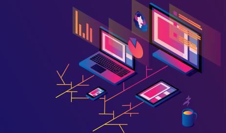 Nahtlose Browser- und Geräte-übergreifende Interaktion bei Engity Vektorillustrationen, die erklären, wie die Identitäts- und Zugriffsmanagementlösung von Engity bei der Synchronisierung von Notebook und Smartphone funktioniert, und die geräteübergreifende Verfolgung und browserübergreifende Kompatibilität zeigen