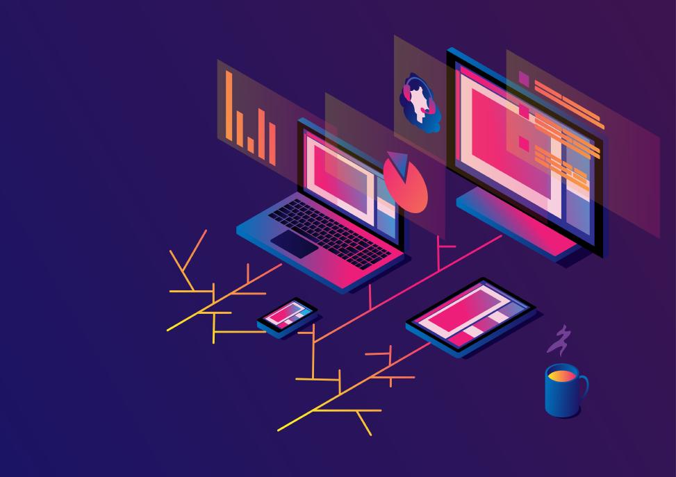 Nahtlose Browser- und Geräte-übergreifende Interaktion bei Engity Vektorillustrationen, die erklären, wie die Identitäts- und Zugriffsmanagementlösung von Engity bei der Synchronisierung von Notebook und Smartphone funktioniert, und die geräteübergreifende Verfolgung und browserübergreifende Kompatibilität zeigen