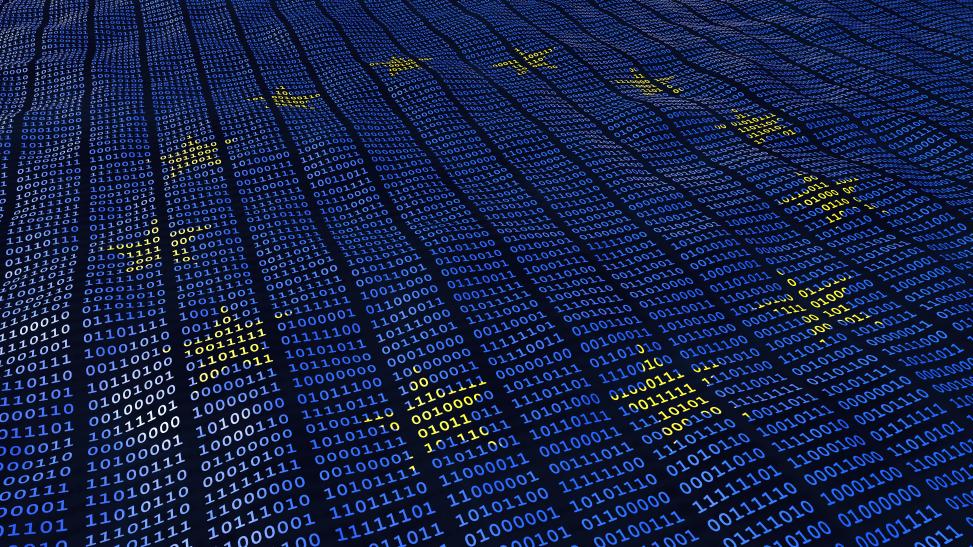 News and updates about cybersecurity and data protection for the second quarter of 2025 The waving flag of the European Union created from binary code with its twelve golden stars.