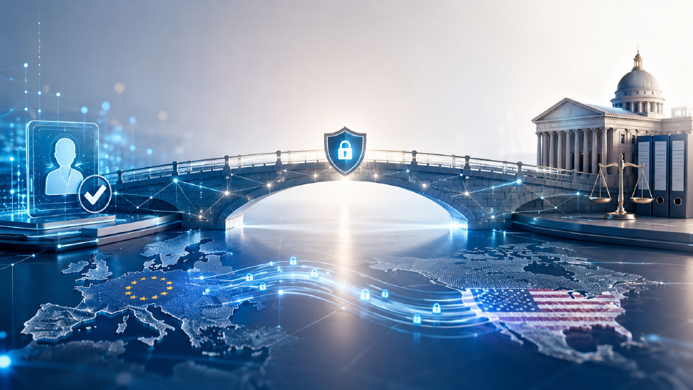 News and updates for the second quarter of 2026 in the areas of cybersecurity and data protection. A digital data protection bridge between Europe on the left and America on the right, as well as the data flows between the two continents.