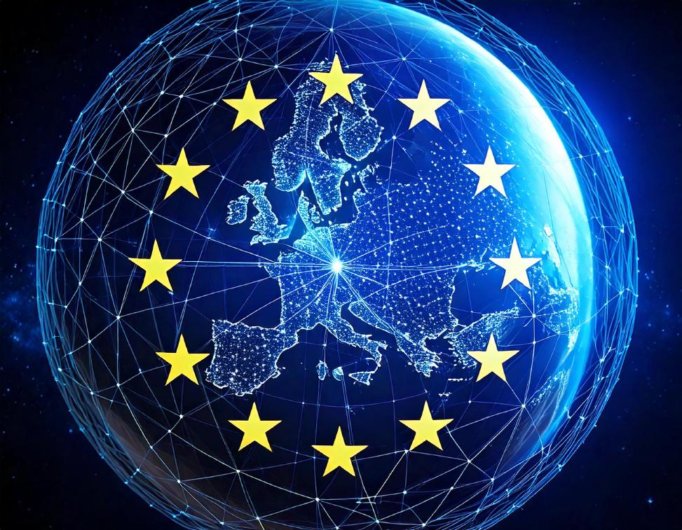 News and updates in cybersecurity and data protection for the third quarter of 2024 A network of data floats over a globe on which the EU flag is projected.