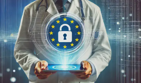 News and updates in cybersecurity and data protection for the second quarter of 2024 Doctor holding a tablet with a holographic data protection button and EU flag as a symbol for data protection in healthcare