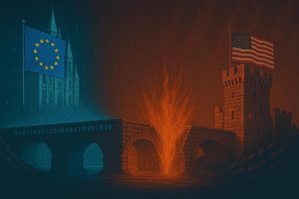 News and updates on cybersecurity and data protection for the first quarter of 2025 A castle with an EU flag and a fortress with a US flag are split by a bridge that is damaged and on fire.