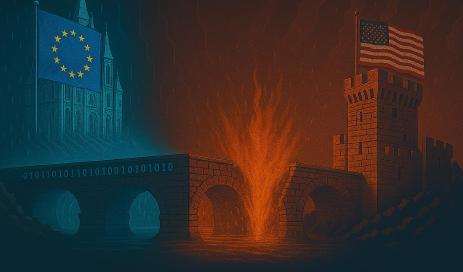 News and updates on cybersecurity and data protection for the first quarter of 2025 A castle with an EU flag and a fortress with a US flag are split by a bridge that is damaged and on fire.