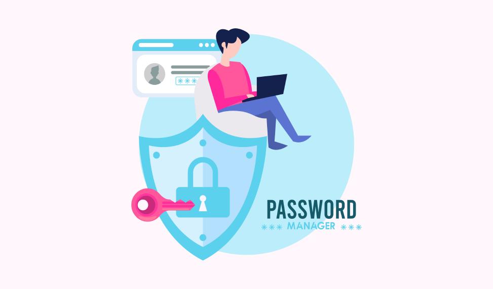 Password Manager Theme A man using a laptop and relying on a password manager to easily & securely store all his passwords which is additionally symbolized by a padlock in a shield.