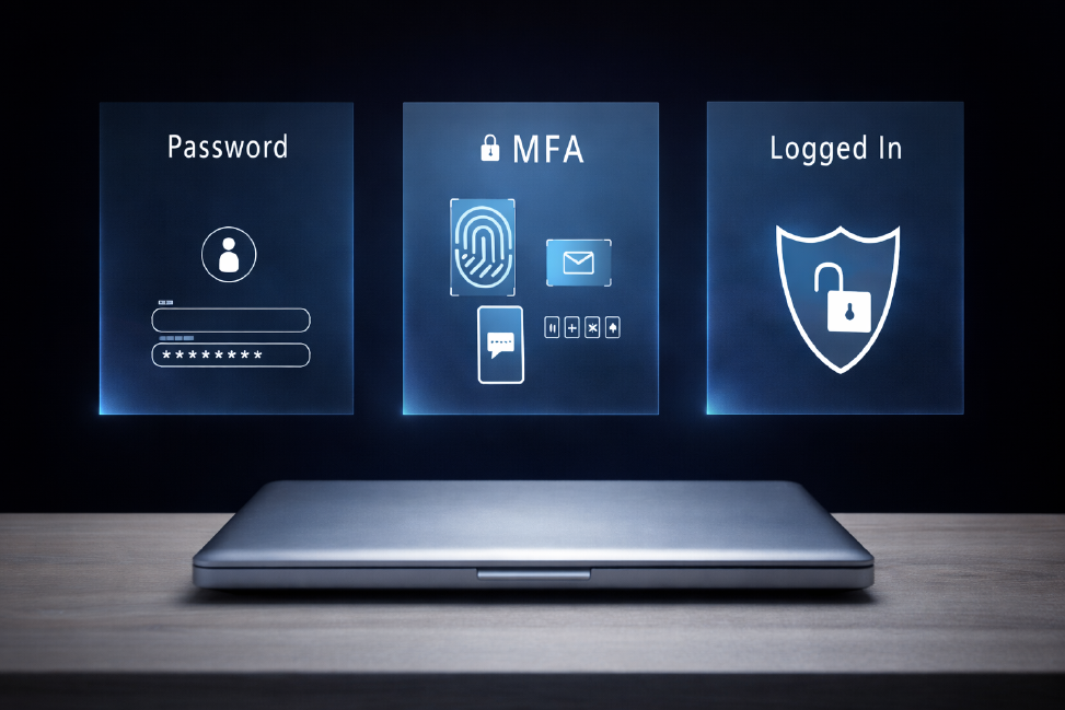 Provides multi-factor authentication alone sufficient protection? Above a closed laptop, three windows illustrate the login process, which consists of entering a username and password, MFA, and the subsequent login.