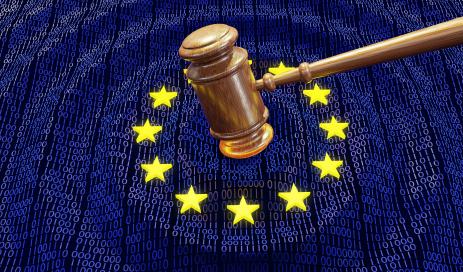 Regulation and administrative fines Hammer symbolizing European Courts and Data protection authorities coming down on yellow stars symbolizing the EU.