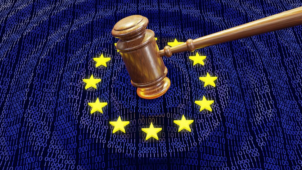 Regulation and administrative fines Hammer symbolizing European Courts and Data protection authorities coming down on yellow stars symbolizing the EU.