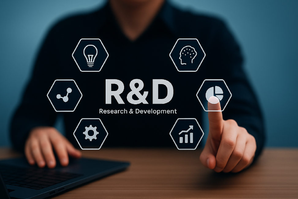 R & D (Research & development) concept with businessman holding globe research icon symbolizing the value of R&D.