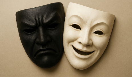A black theater mask representing evil lies next to a white theater mask representing good.