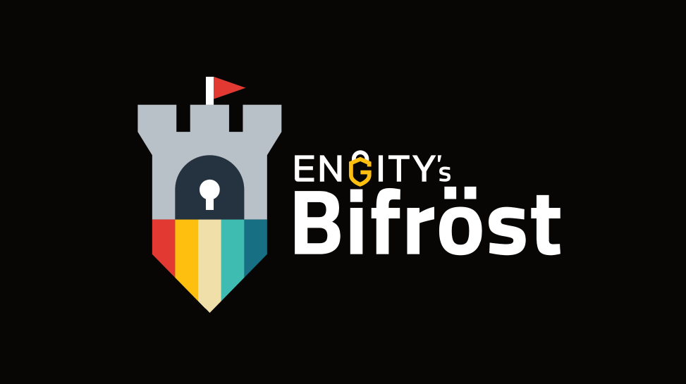 A bastion as gatekeeper and a rainbow bridge symbolizing the connection between two digital worlds or to SSH servers, and the words Engity's Bifröst.