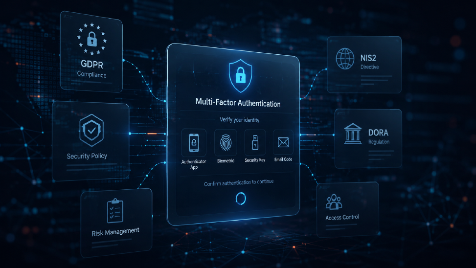 Um ein zentral schwebendes MFA-Authentifizierungsfenster befinden sich mehrere digitale Panels mit Symbolen für Compliance und Risikomanagement sowie einzelner kurzer Begriffe wie DSGVO, NIS2 oder Security Policy.