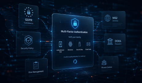 Wann ist MFA sinnvoll und wann Pflicht? Um ein zentral schwebendes MFA-Authentifizierungsfenster befinden sich mehrere digitale Panels mit Symbolen für Compliance und Risikomanagement sowie einzelner kurzer Begriffe wie DSGVO, NIS2 oder Security Policy.